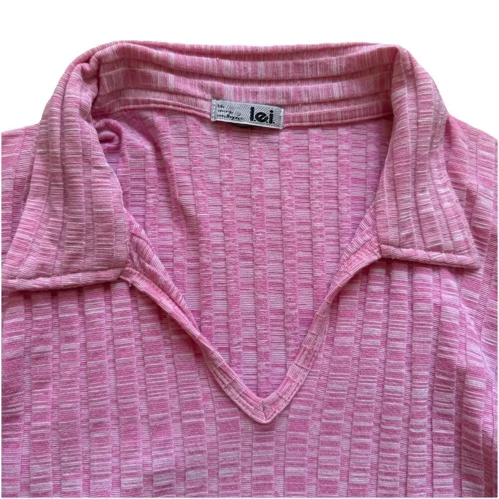 Vtg Y2K LEI Collared Shirt Pink Ribbed Coquette M Bella Swan Preppy Indie Sleaze